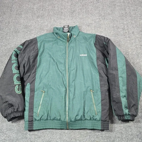 Vintage Adidas Jacket Mens Large Green Trefoil Padded Full Zip Colorblock 90s